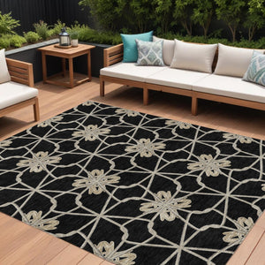 HomeRoots 5' Black and Ivory Geometric Area Rug - Durable, Washable, Indoor/Outdoor Use for Modern Spaces 10' X 14' 613409