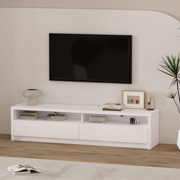 English Elm Duncan 70" TV Stand with Hidden Storage and Cable Management, Handle-Free Drawers, Easy Assembly White B365S00126