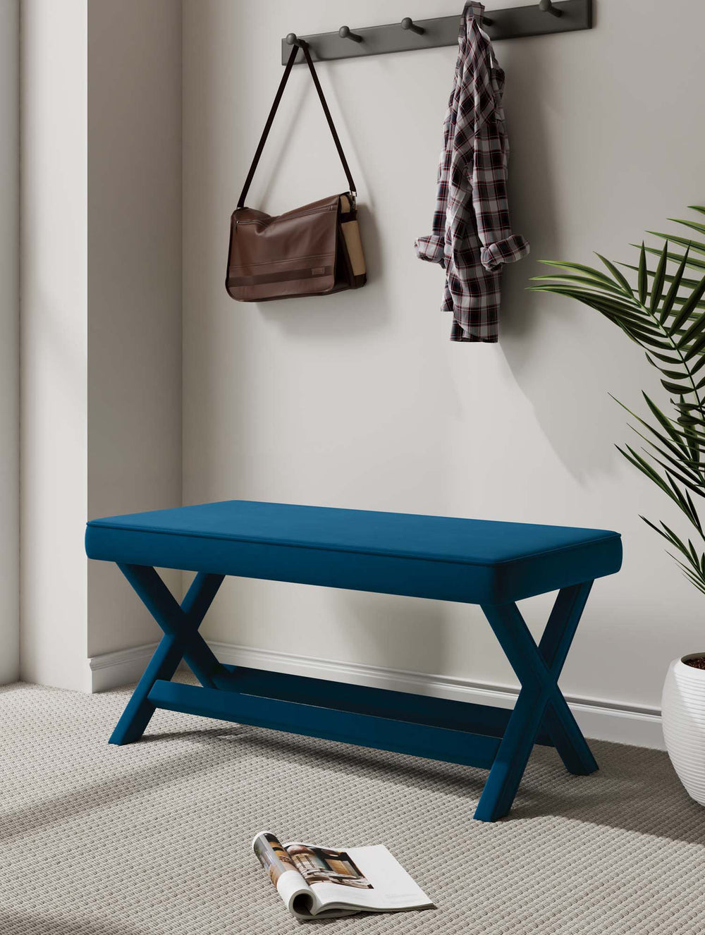 English Elm Abigail Mid-Century Modern Velvet Upholstered Bench In Rich Blue - Stylish & Ready To Use! B365P398207