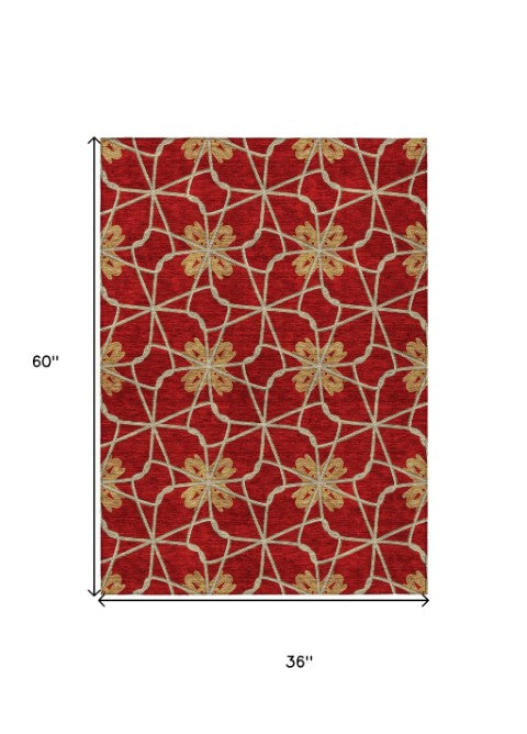 Homeroots 3' Stylish Geometric Washable Area Rug For Indoor Or Outdoor Use - Durable, Stain-resistant Design Orange Polyester 613446