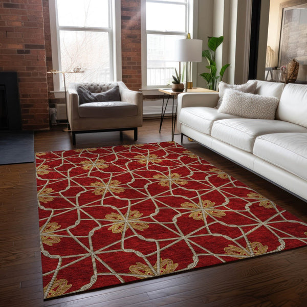 Homeroots 3' Stylish Geometric Washable Area Rug For Indoor Or Outdoor Use - Durable, Stain-resistant Design Orange Polyester 613447