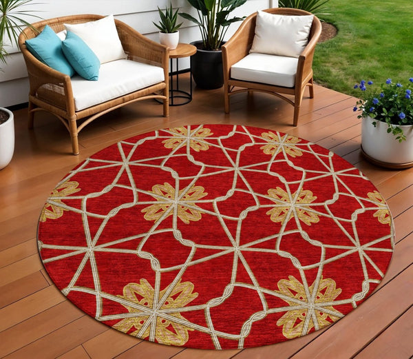 HomeRoots 5' Orange and Gold Geometric Area Rug - Durable, Washable Design Perfect for Indoor and Outdoor Spaces 8' Round 613448