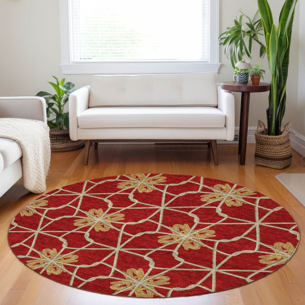 HomeRoots 5' Orange and Gold Geometric Area Rug - Durable, Washable Design Perfect for Indoor and Outdoor Spaces 8' Round 613448