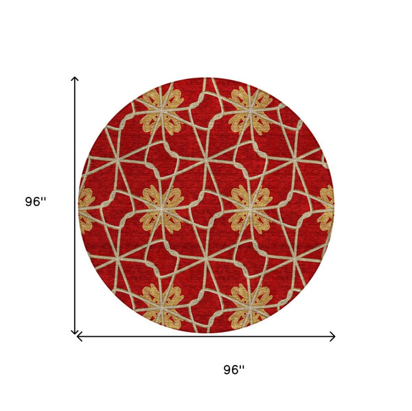 HomeRoots 5' Orange and Gold Geometric Area Rug - Durable, Washable Design Perfect for Indoor and Outdoor Spaces 8' Round 613448