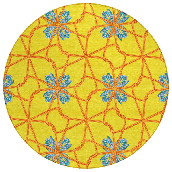 HomeRoots 5' Geometric Yellow and Teal Area Rug - Stylish, Washable Design for Indoor and Outdoor Use 8' Round 613454