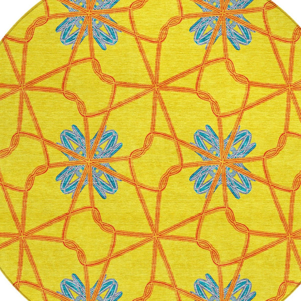 HomeRoots 5' Geometric Yellow and Teal Area Rug - Stylish, Washable Design for Indoor and Outdoor Use 8' Round 613454