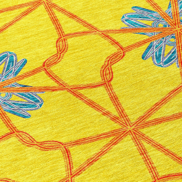HomeRoots 5' Geometric Yellow and Teal Area Rug - Stylish, Washable Design for Indoor and Outdoor Use 8' Round 613454