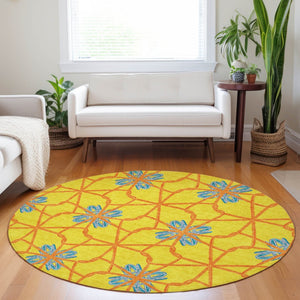 HomeRoots 5' Geometric Yellow and Teal Area Rug - Stylish, Washable Design for Indoor and Outdoor Use 8' Round 613454