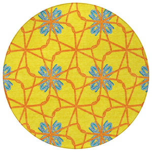 HomeRoots 5' Geometric Yellow and Teal Area Rug - Stylish, Washable Design for Indoor and Outdoor Use 8' Round 613454
