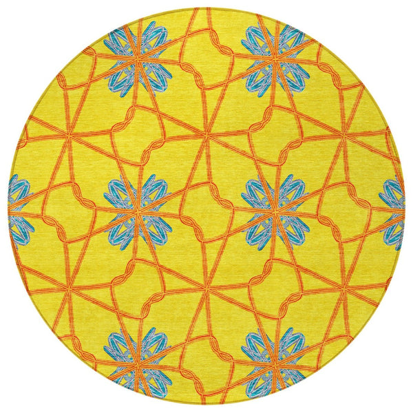 HomeRoots 5' Geometric Yellow and Teal Area Rug - Stylish, Washable Design for Indoor and Outdoor Use 8' Round 613454