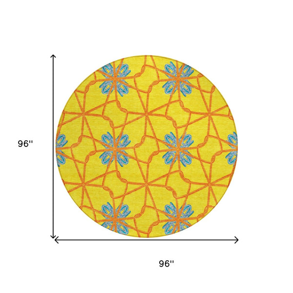 HomeRoots 5' Geometric Yellow and Teal Area Rug - Stylish, Washable Design for Indoor and Outdoor Use 8' Round 613454