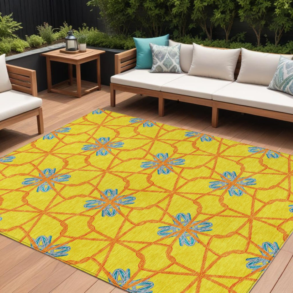 HomeRoots 9' X 12' Vibrant Yellow and Teal Blue Geometric Area Rug – Durable, Washable for Indoor/Outdoor Use! 613456