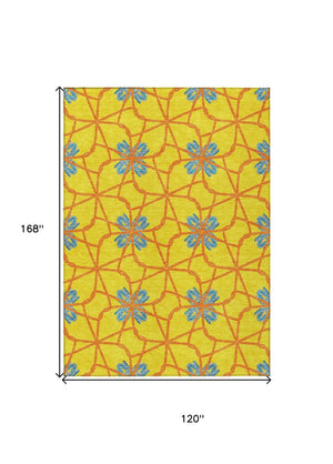 HomeRoots 5' Geometric Yellow and Teal Area Rug - Stylish, Washable Design for Indoor and Outdoor Use 10' X 14' 613457