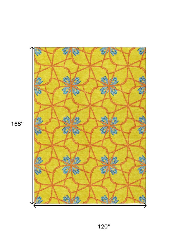 HomeRoots 5' Geometric Yellow and Teal Area Rug - Stylish, Washable Design for Indoor and Outdoor Use 10' X 14' 613457