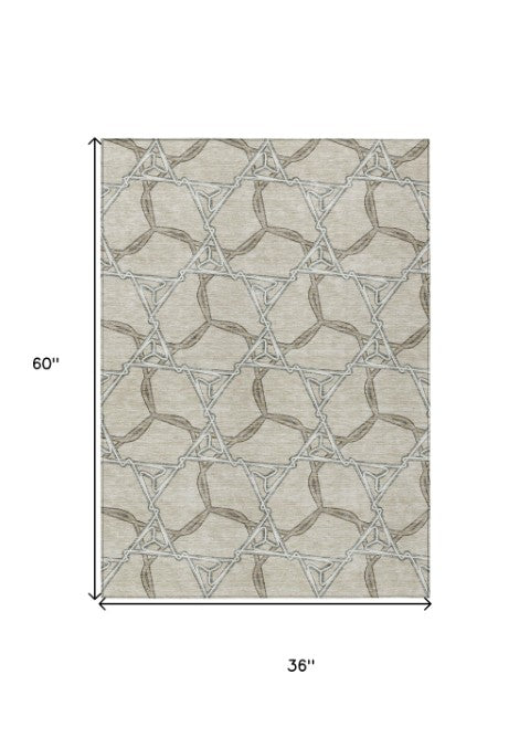Homeroots 3' Geometric Washable Indoor Outdoor Area Rug - Stylish, Durable Design For Home & Patio Spaces Beige Polyester 613458