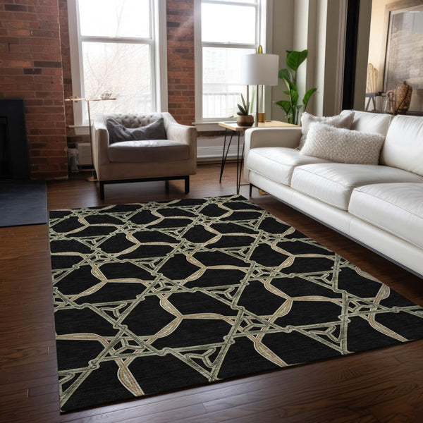 Homeroots 3' Geometric Washable Indoor Outdoor Area Rug - Stylish, Durable Design For Home & Patio Spaces Black Polyester 613464