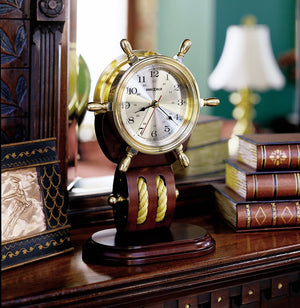 Hekman Furniture 613467 Nautical Britannia Table Clock - Ship Wheel Design With Mahogany Base & Engravable Plate Polished Brass Britannia Tabletop Clock 613467