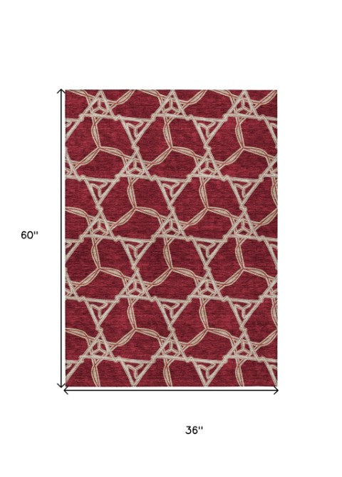 Homeroots 3' Geometric Washable Indoor Outdoor Area Rug - Stylish, Durable Design For Home & Patio Spaces Burgundy Polyester 613470