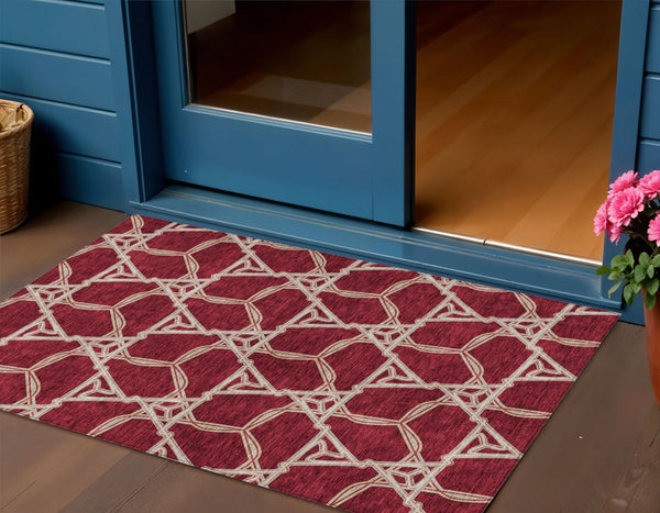 Homeroots 3' Geometric Washable Indoor Outdoor Area Rug - Stylish, Durable Design For Home & Patio Spaces Burgundy Polyester 613470