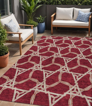 Homeroots 3' Geometric Washable Indoor Outdoor Area Rug - Stylish, Durable Design For Home & Patio Spaces Burgundy Polyester 613471