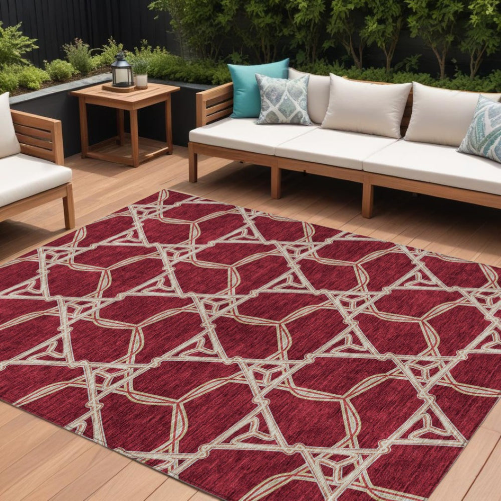 HomeRoots 5' Burgundy and Gold Geometric Area Rug – Stylish, Durable, Machine Washable for Indoor and Outdoor Use 9' X 12' 613474