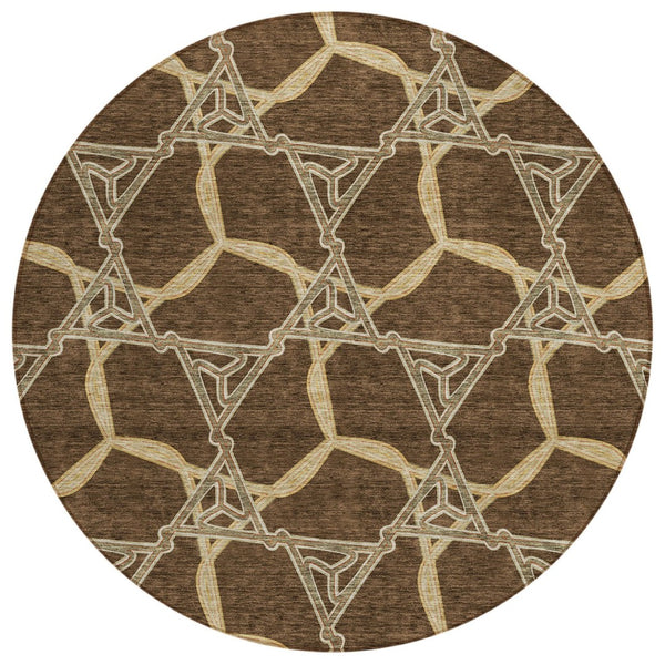 HomeRoots 5' Brown and Beige Geometric Area Rug - Stylish, Washable, Durable for Indoor and Outdoor Use 8' Round 613478