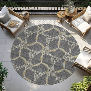 HomeRoots 5' Charcoal and Gold Geometric Area Rug - Modern, Washable, Durable for Indoor and Outdoor Spaces 8' Round 613484