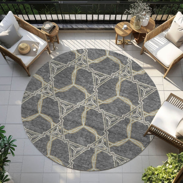 HomeRoots 5' Charcoal and Gold Geometric Area Rug - Modern, Washable, Durable for Indoor and Outdoor Spaces 8' Round 613484