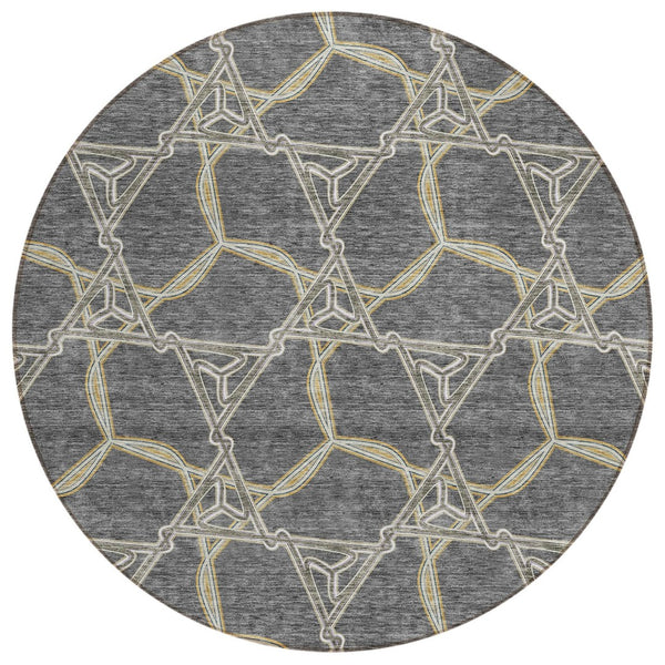 HomeRoots 5' Charcoal and Gold Geometric Area Rug - Modern, Washable, Durable for Indoor and Outdoor Spaces 8' Round 613484
