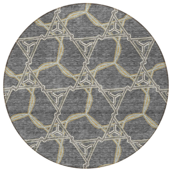 HomeRoots 5' Charcoal and Gold Geometric Area Rug - Modern, Washable, Durable for Indoor and Outdoor Spaces 8' Round 613484