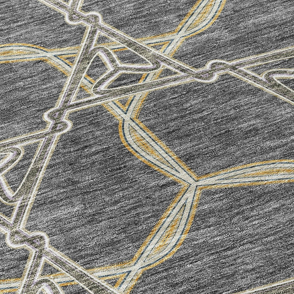 HomeRoots 5' Charcoal and Gold Geometric Area Rug - Modern, Washable, Durable for Indoor and Outdoor Spaces 8' Round 613484