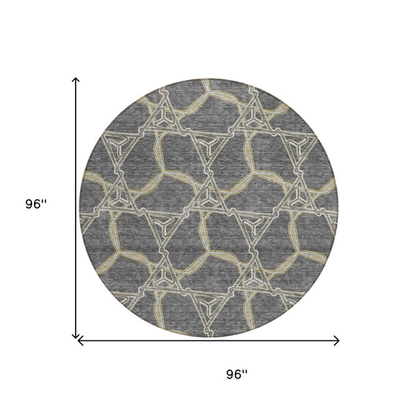 HomeRoots 5' Charcoal and Gold Geometric Area Rug - Modern, Washable, Durable for Indoor and Outdoor Spaces 8' Round 613484