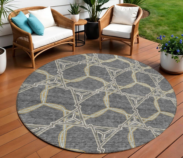 HomeRoots 5' Charcoal and Gold Geometric Area Rug - Modern, Washable, Durable for Indoor and Outdoor Spaces 8' Round 613484