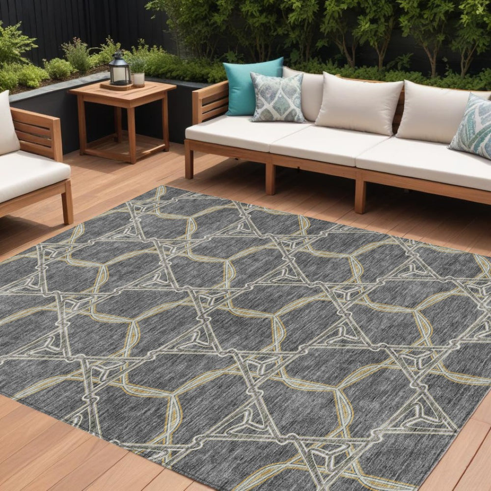 HomeRoots 5' Charcoal and Gold Geometric Area Rug - Modern, Washable, Durable for Indoor and Outdoor Spaces 10' X 14' 613487