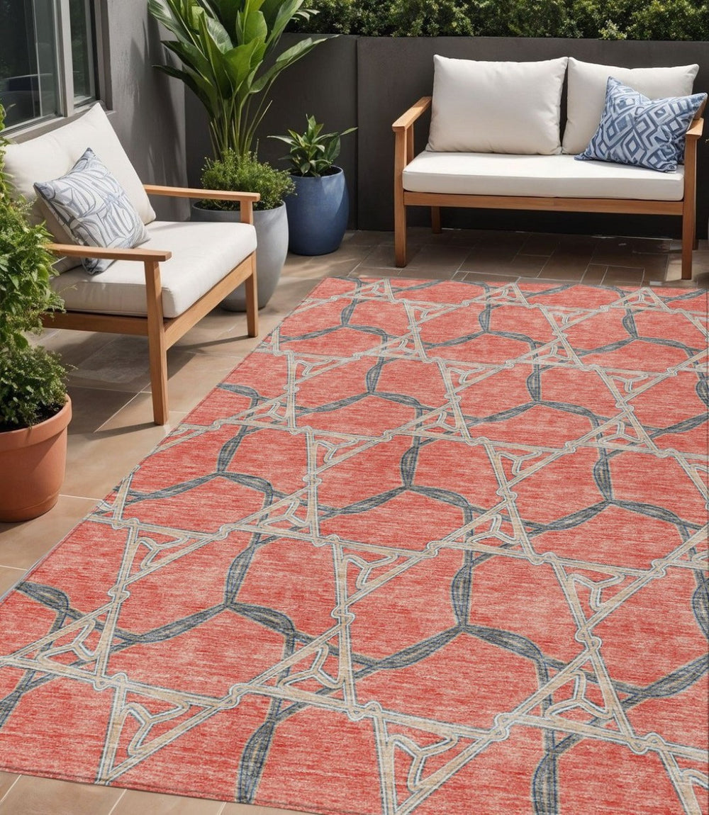 HomeRoots 5' Coral and Taupe Geometric Area Rug - Stylish Washable Indoor/Outdoor Comfort for High Traffic Areas 5' X 8' 613489