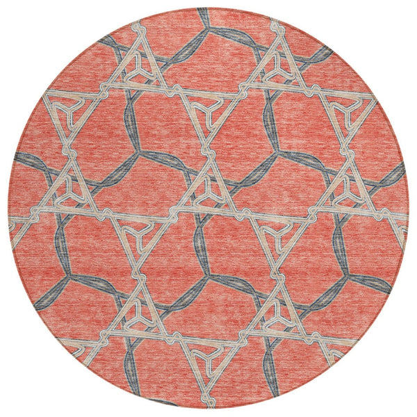 HomeRoots 5' Coral and Taupe Geometric Area Rug - Stylish Washable Indoor/Outdoor Comfort for High Traffic Areas 8' Round 613490