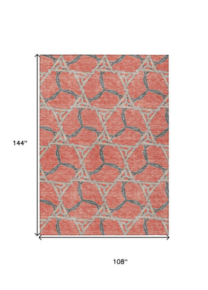 HomeRoots 5' Coral and Taupe Geometric Area Rug - Stylish Washable Indoor/Outdoor Comfort for High Traffic Areas 9' X 12' 613492