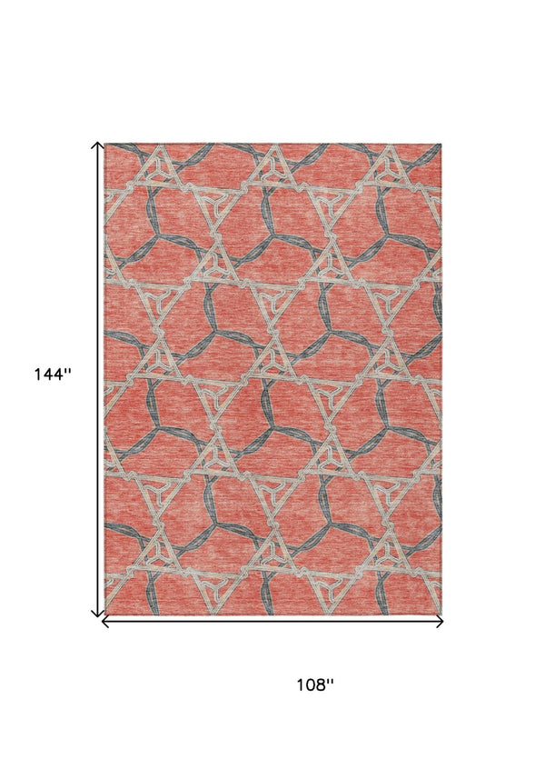 HomeRoots 5' Coral and Taupe Geometric Area Rug - Stylish Washable Indoor/Outdoor Comfort for High Traffic Areas 9' X 12' 613492