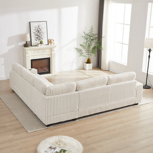 English Elm 110-Inch Oversized Corduroy Corner Sofa with Storage, USB & Cup Holders, Deep Plush Seating Comfort Beige W834S00284