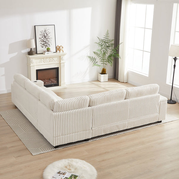 English Elm 110-Inch Oversized Corduroy Corner Sofa with Storage, USB & Cup Holders, Deep Plush Seating Comfort Beige W834S00284