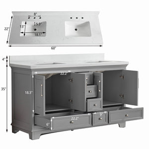 English Elm Fully 60'' Freestanding Double Bathroom Vanity with Solid Wood Base and Carrara Engineered Marble Top Gray W1826P382805