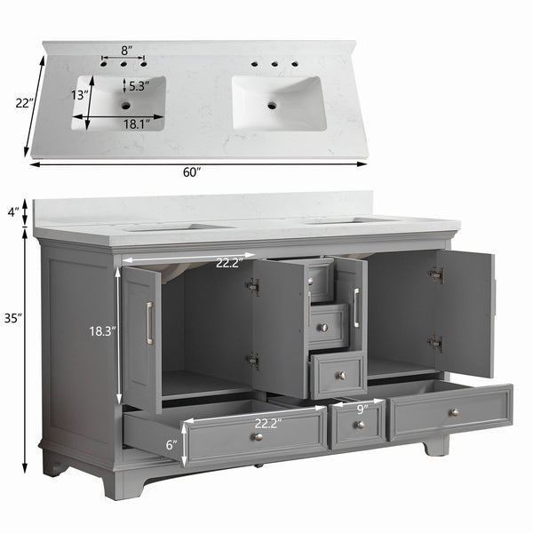 English Elm Fully 60'' Freestanding Double Bathroom Vanity with Solid Wood Base and Carrara Engineered Marble Top Gray W1826P382805