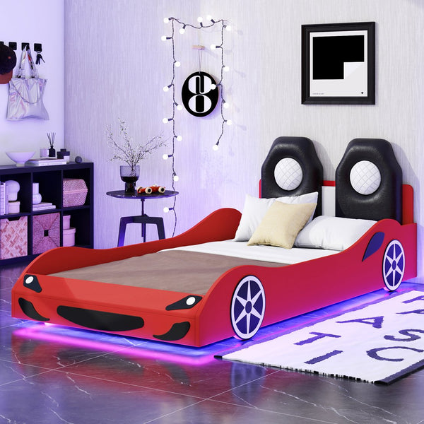 English Elm Wood Twin Race Car Platform Bed with LED Lighting, Upholstered Headrest, Sturdy Pine Build Red GX002218AAR