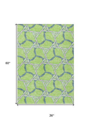 Homeroots 3' Geometric Washable Indoor Outdoor Area Rug - Stylish, Durable Design For Home & Patio Spaces Lime Green Polyester 613506