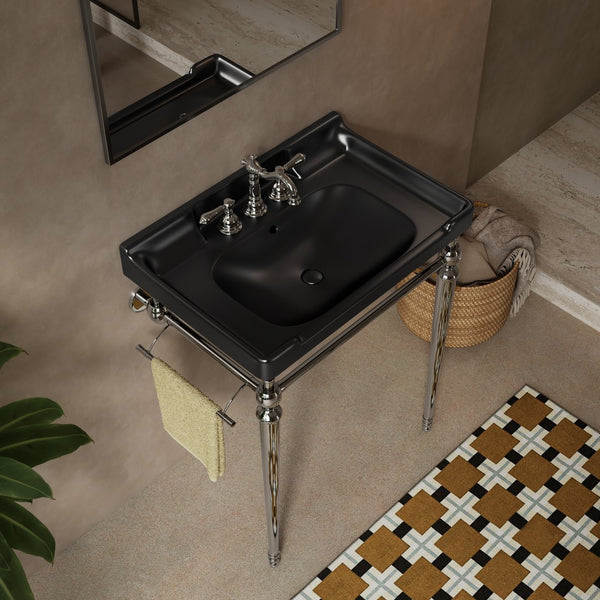 English Elm VICI 28" Bathroom Console Sink with Integrated Ceramic Basin, Overflow, Stainless Support Legs Black,Chrome W2615S00113
