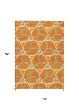 Homeroots 3' Geometric Washable Indoor Outdoor Area Rug - Stylish, Durable Design For Home & Patio Spaces Orange Polyester 613512
