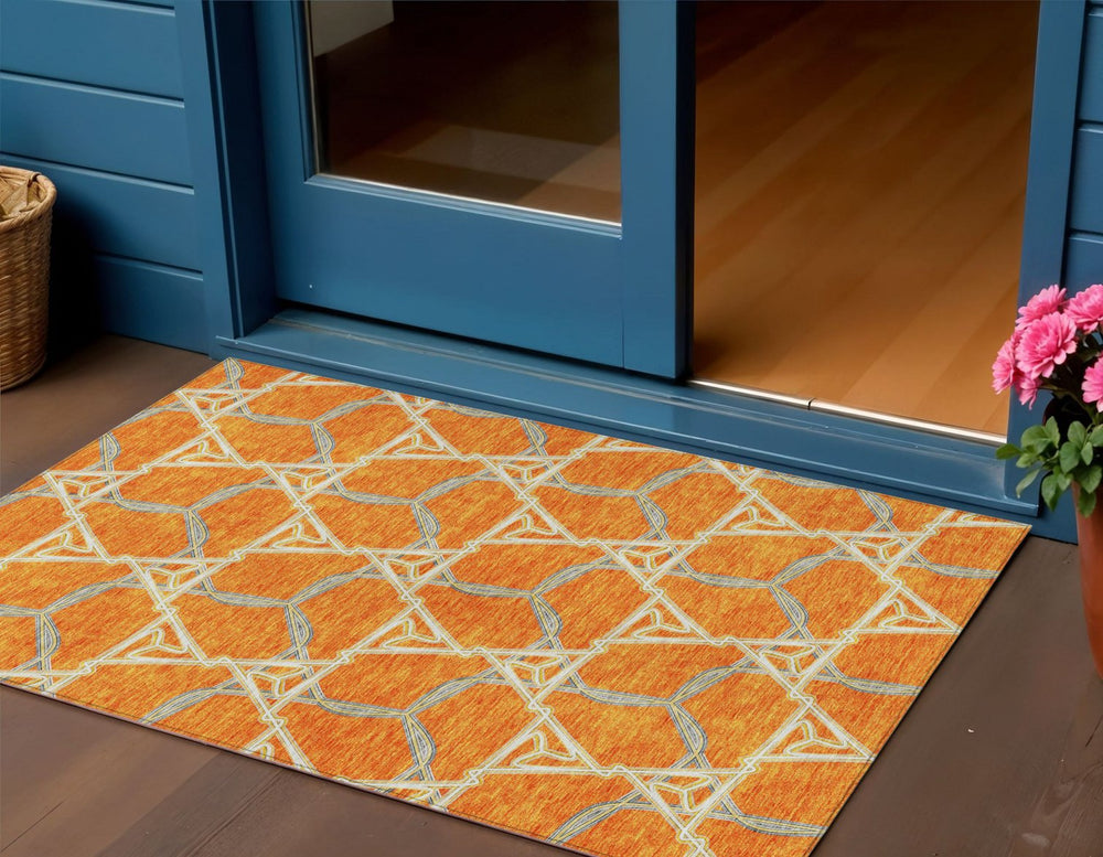 Homeroots 3' Geometric Washable Indoor Outdoor Area Rug - Stylish, Durable Design For Home & Patio Spaces Orange Polyester 613512
