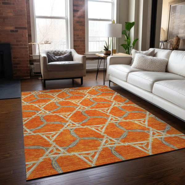 Homeroots 3' Geometric Washable Indoor Outdoor Area Rug - Stylish, Durable Design For Home & Patio Spaces Orange Polyester 613512