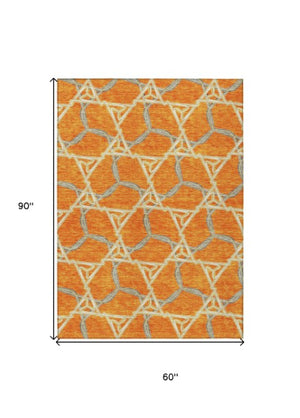 Homeroots 3' Geometric Washable Indoor Outdoor Area Rug - Stylish, Durable Design For Home & Patio Spaces Orange Polyester 613513