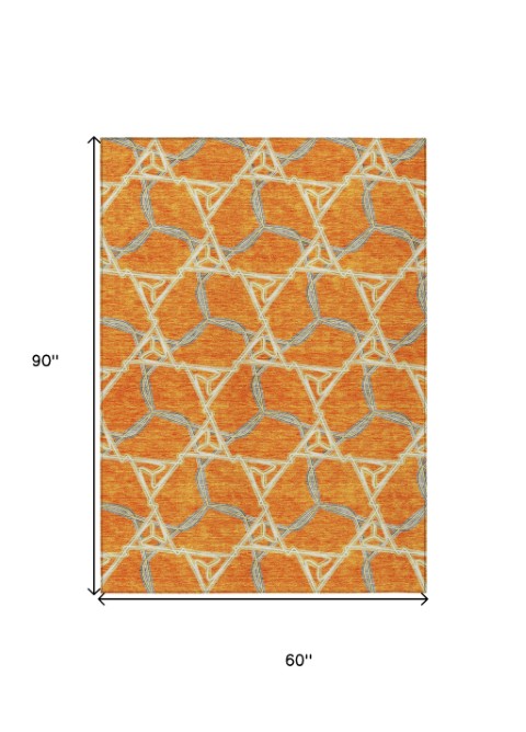 Homeroots 3' Geometric Washable Indoor Outdoor Area Rug - Stylish, Durable Design For Home & Patio Spaces Orange Polyester 613513